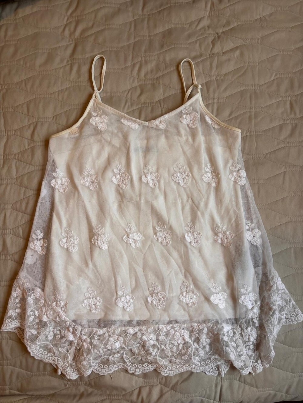 White Floral Cami With Lace Bottom Size M